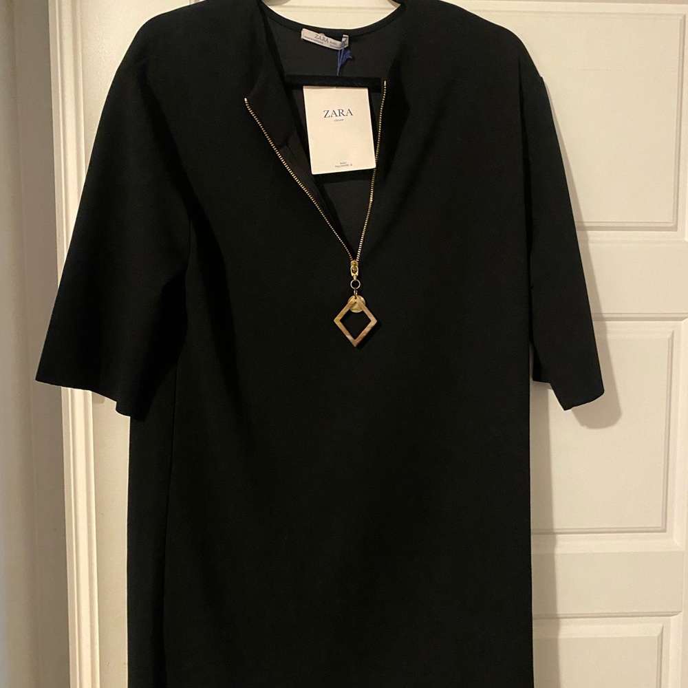 Zara Black Shift Dress with Zip-up front